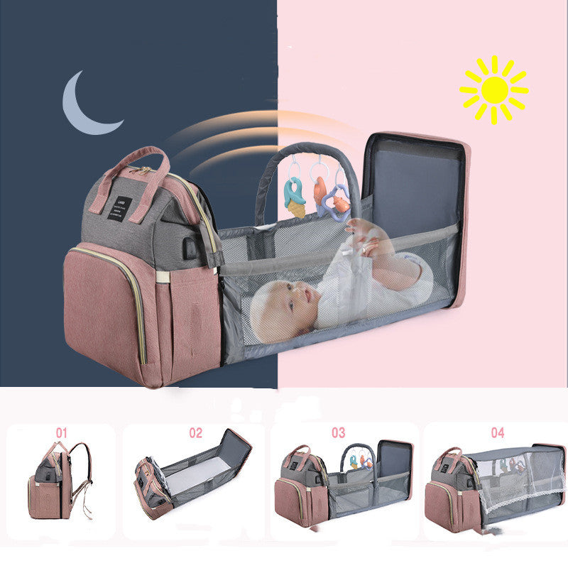 A smart 2-in-1 diaper backpack that transforms into a portable baby crib in seconds. Perfect for travel, outings, and busy UAE moms who want convenience without carrying extra gear.